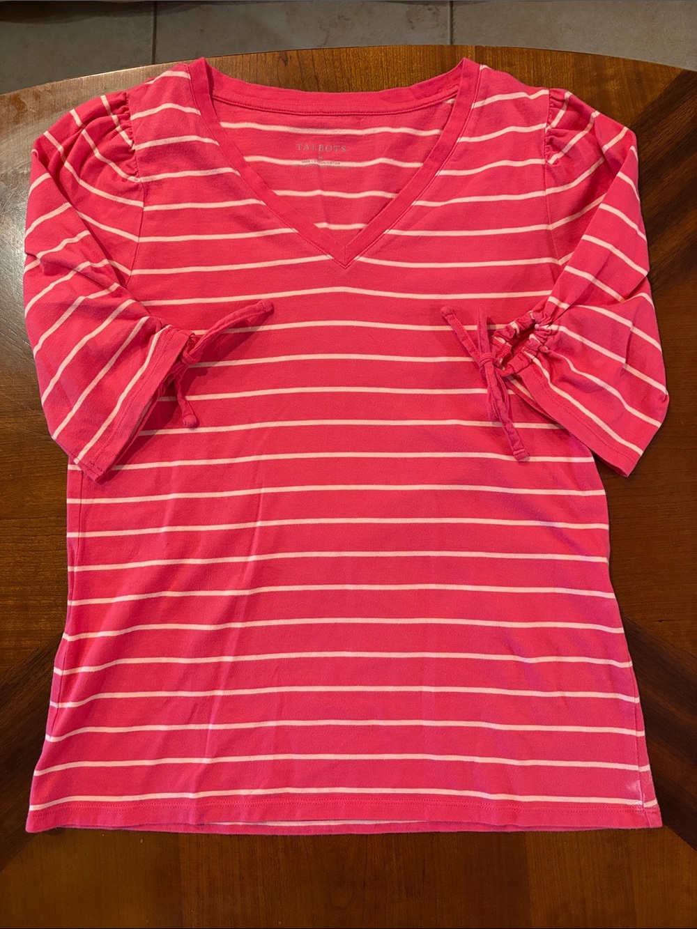 Talbots Women’s Coral Striped V-Neck Tie-Sleeve Tee with Half-Sleeve